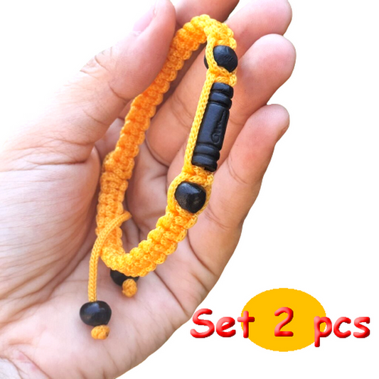Braided rope Bracelet yellow. Amulet Leklai Nam Phi Beads.bangle takrut Jewelry