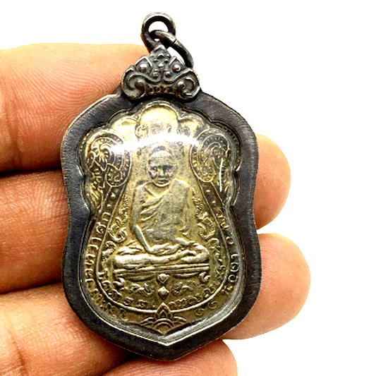 Phra Luang Pu Iam first coin thai amulets silver Nang Temple old framed 2467 BE
