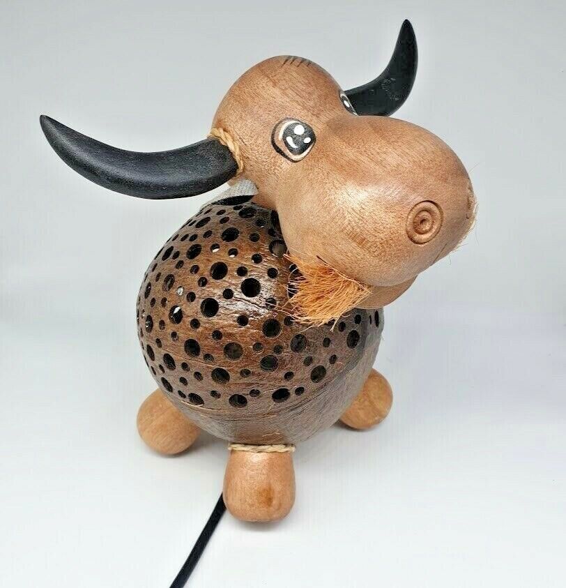 Buffalo Thai Hand Carved Handmade Wooden Crafts Coconut Shell Wood Lamp