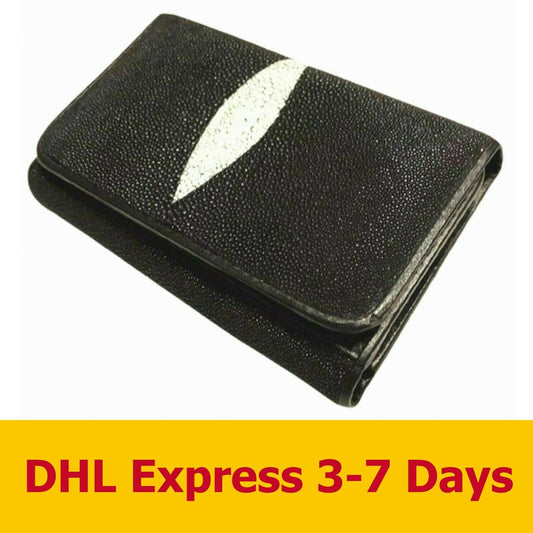 Black Genuine Stingray Skin Leather Short Trifold Purses Women's Clutch Wallets