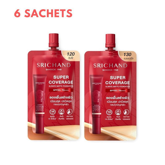 6x Srichand Super Coverage Foundation SPF50+ PA++++ Matte Waterproof 120/130 6ml