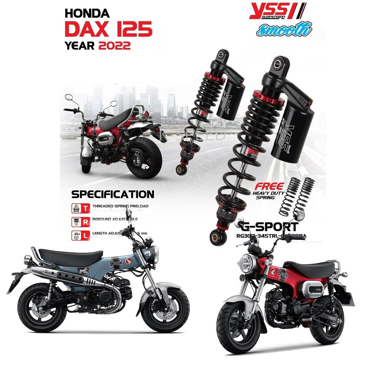 YSS G-Sport Rear Absorber Shockup HEAVY DUTY Fits Honda DAX125 ST125 2022 - 2023