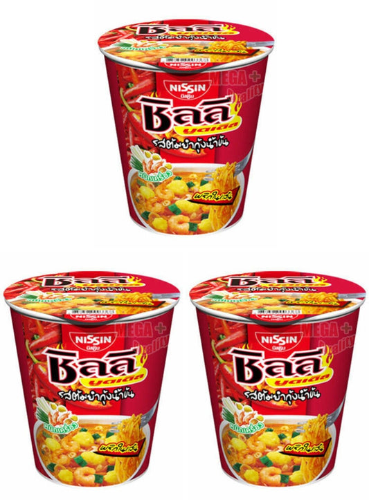 3 x Nissin CHILLI TOM YUM SHRIMP CREAMY Instant CUP Noodle HIKING FOOD 60g.