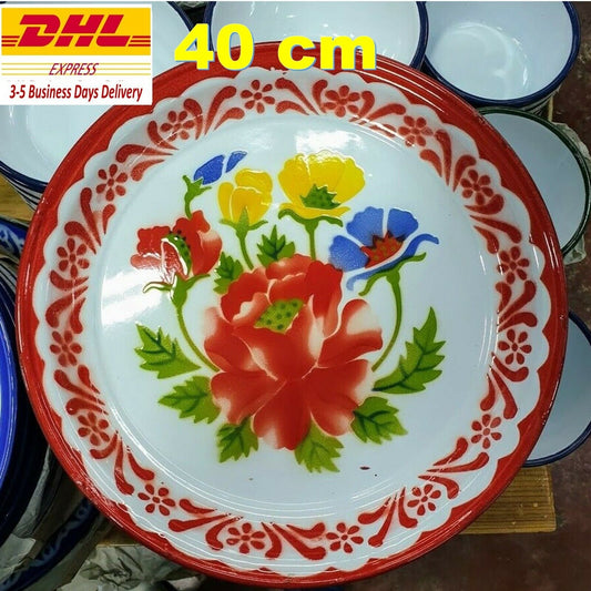 1x40cm Enamel Thai Big Tray Dish Plate Serving Enamelware Round Floral Flower
