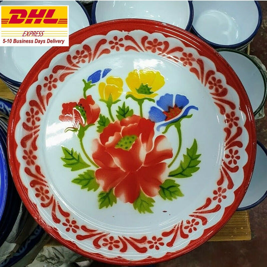 Thai Enamelware Tray Flower Enamel Vintage Serving Round Floral Dish Pan Plate
