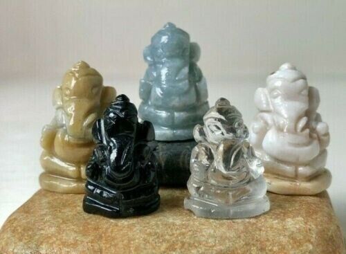Set 5 Ganesh Statue Jade Quartz Carving God Jewelry Stone Elephant Hindu Amulet
