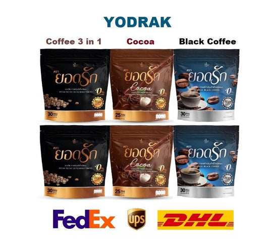 6x Yodrak Instant Black Coffee, Cocoa, Coffee 3 in 1 Healthy Drink Low calories