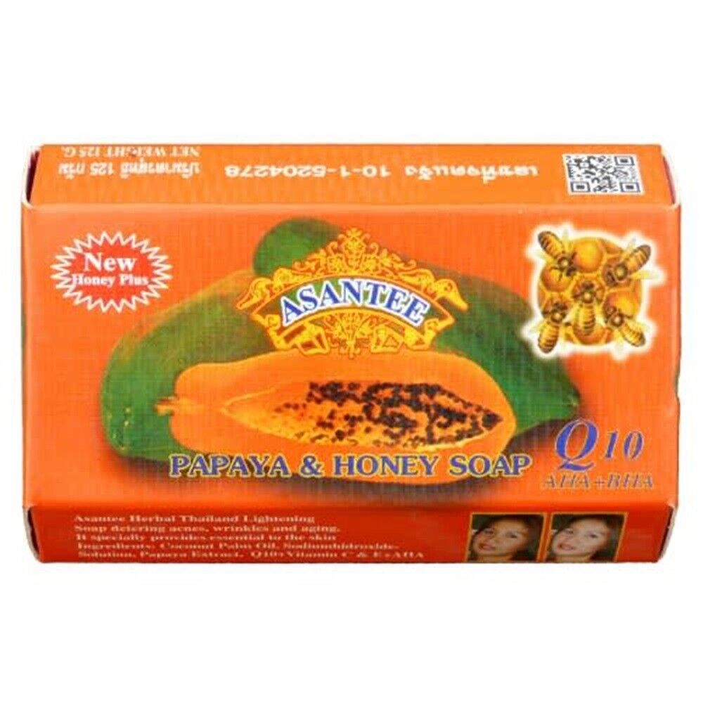 12 x125g Asantee Thai Papaya Herbal Honey Soap with Q10, AHA, BHA Skin Whitening