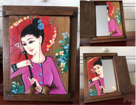 Vintage Mirror Teak Handcraft Window Paint Lady Makeup Gift Home Decor Frames