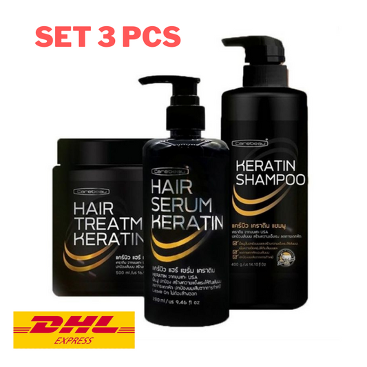 Carebeau Keratin Shampoo+ Hair Treatment+ Serum Repair Nourish Dry Damage Set3pc