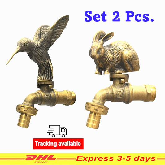 Rabbit & Hummingbird Brass Garden Faucet Set Tap Water Spigot Outdoor Yard VTG