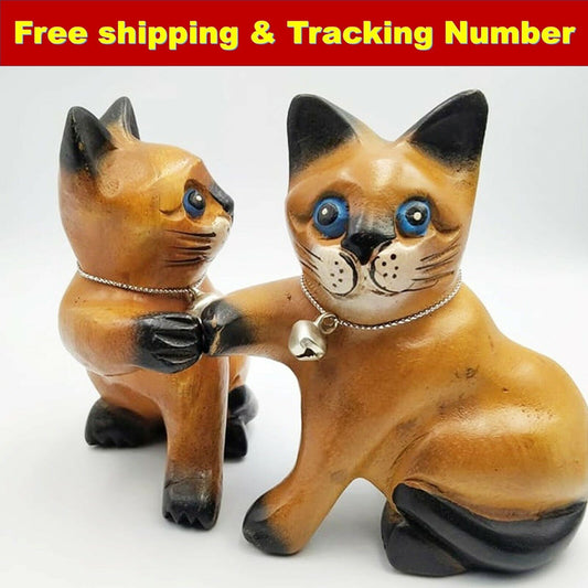 Pair Wooden Cats hold one's hands Carved Statue Figurine Handmade Collection