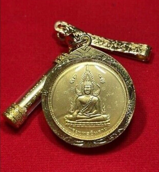 Phra Chinnarat Sothorn Buddha Pendant Diamond Gold Plated Takrut Thai Amulet