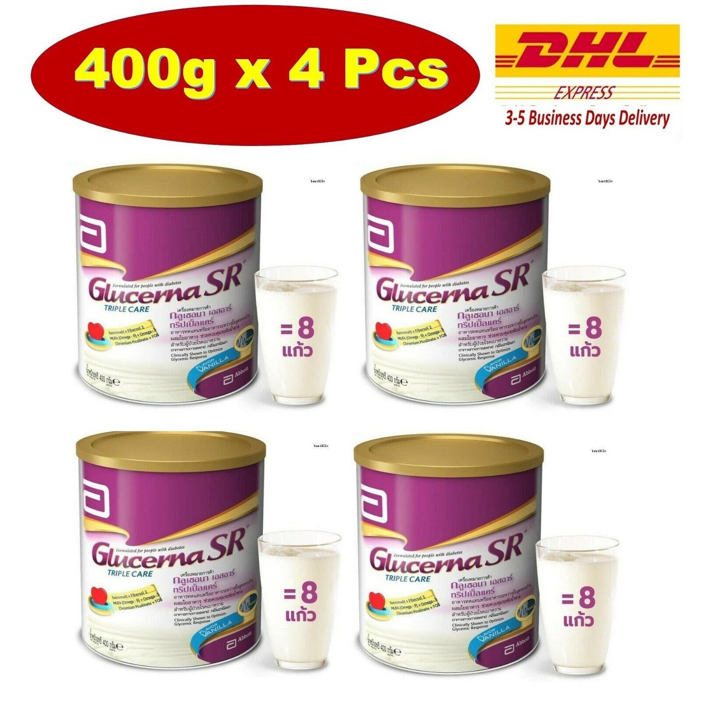 4x Abbott Glucerna Triple Care Diabetic Milk Powder Vanilla 400g