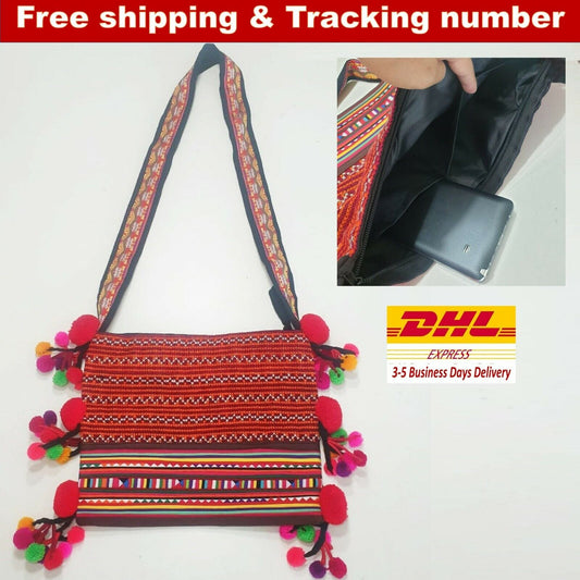 New! Crossbody Bag Purse Strap Shoulder Bag Hill Tribe Silver Bead Pom Pom Hmong