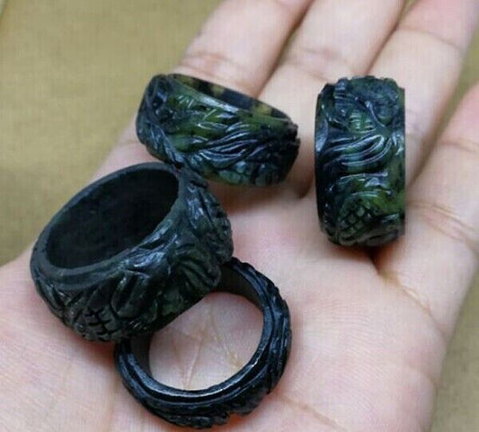 Black Jade Ring Dragon Carved Jedite Stone Talisman Jewelry Thai Amulet