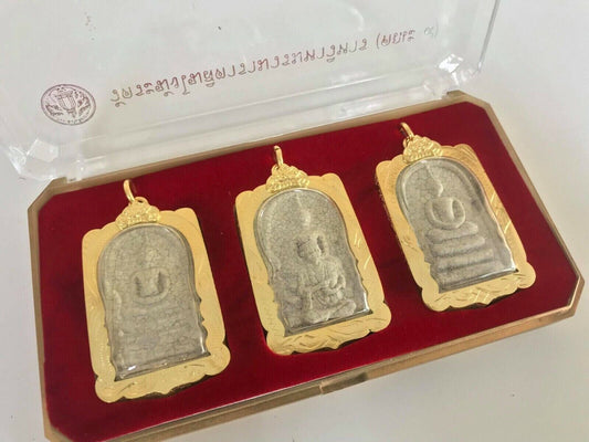Set 3 Phra Somdej Wat Rakang Temple Pendant Gold Micron Thai Buddha Amulet