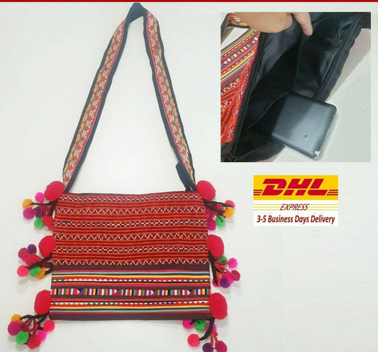 New Crossbody Bag Purse Strap Shoulder Bag Hill Tribe Silver Beads Pom Pom Hmong