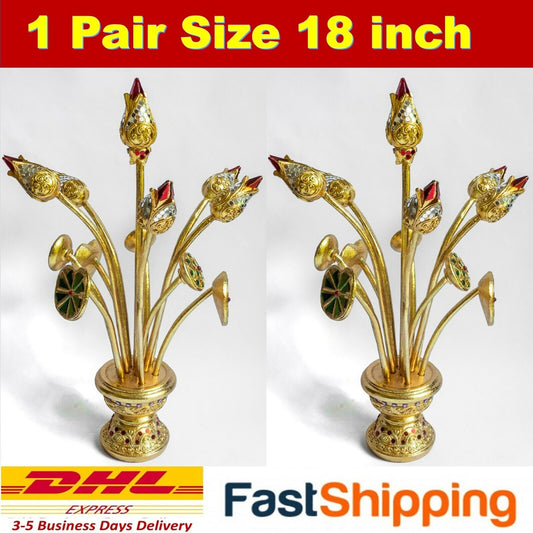 1 Pair Lotus Flower Gold Leaf Wood Table Buddha Worship Handmade Decor Lucky 18"