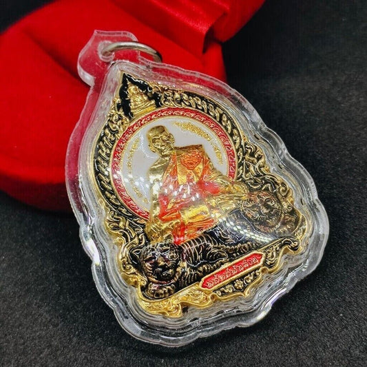 Phra LP Pat Sit on Tiger Medal Pendant Mantra Waterproof Thai Buddha Amulet