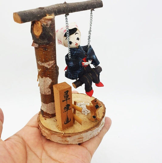 Wood Japanese Kokeshi Doll Play On The Swing With Small Dog Figurine Handmade