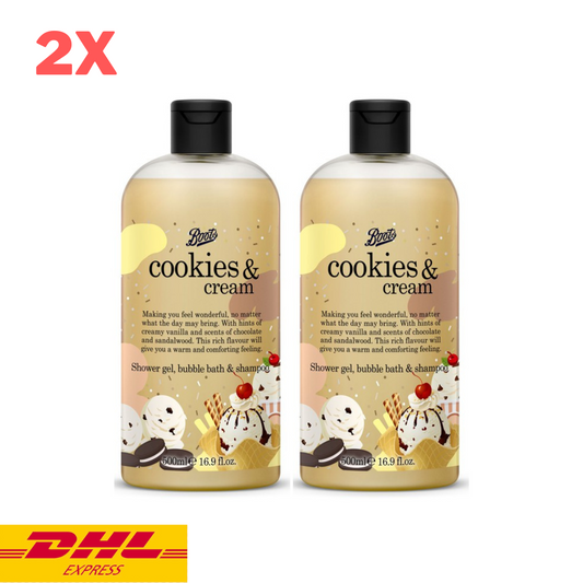 2x Boots Shower Gel Cream Cookies & Cream Scent Bubble Bath Shampoo Skin 500 ml