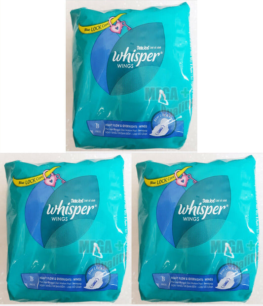 3 x Whisper Sanitary Feminine Napkins Heavy Flow Overnight With Wings 8 Pads