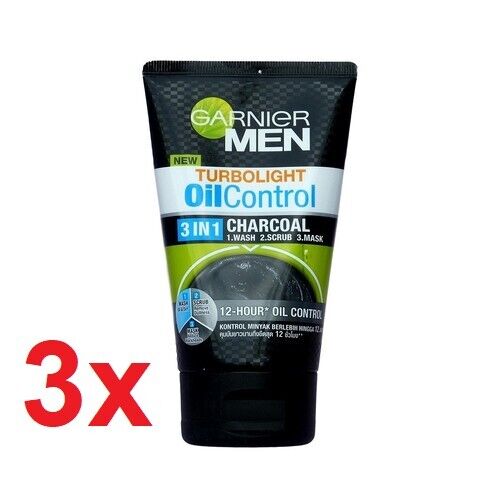 3x Garnier Men Turbo Light Oil Control 3 in 1 Charcoal Foam Acne Brighten 100 ml