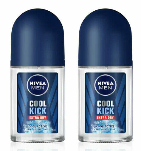 2 X 50ml. Nivea Men Cool Kick Extra Dry Roll On Deodorant 48hr Antiperspira