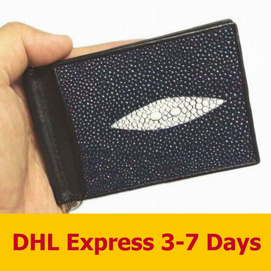 Black Blue Genuine Stingray Fashion Skin Leather Bifold Money Clip Men Wallets