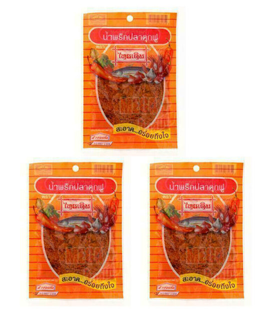 3 x NAM-PRIK-PLA-DOOK-FOO Chili Catfish Flavored Crushed Seasoning Thai Food 22g
