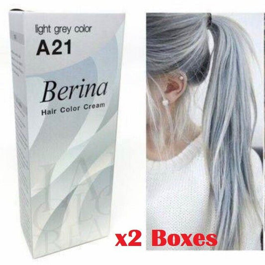 2 Boxes Berina A21 Light Grey Silver Permanent Hair Dye Color Cream Unisex