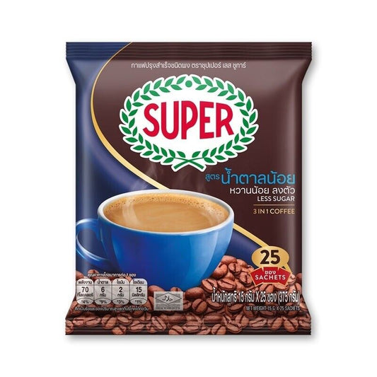 Super Coffee Less Sugar 3 in 1 Instant Coffee mellow healthy Halal 25 sachets