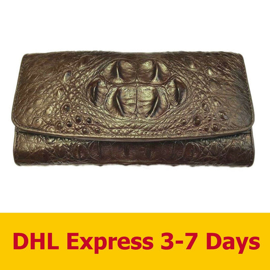 Brown Genuine Crocodile Alligator Wallets Head Skin Leather Trifold Women Clutch