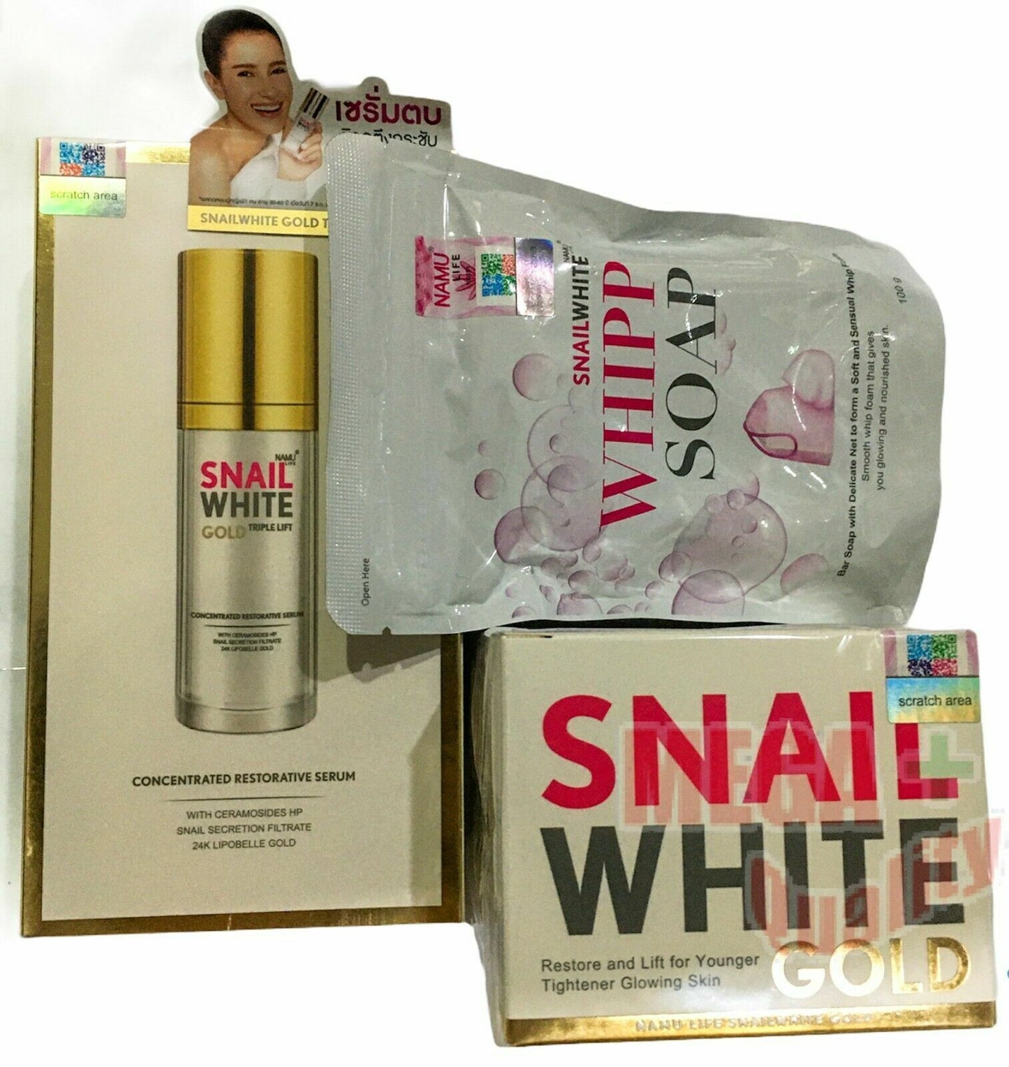 Namu Life Snail White 24K Gold 2 Whipp soap + Gold Cream50ml + Serum50ml Firm