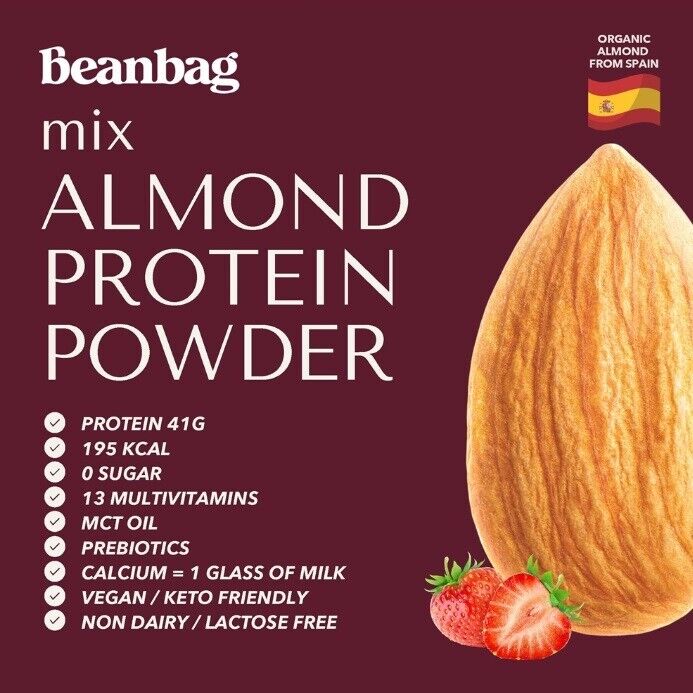 6x Beanbag Almond Protein Powder Real Strawberry High calcium protein vegetarian
