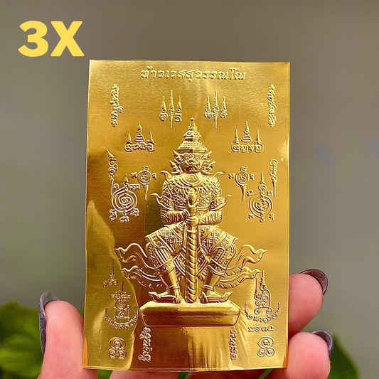3x Thao Wessuwan Talisman Gold Card Leaf Plated Giant God Pendant Thai Amulet