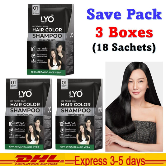 3x Lyo Hair Color Shampoo Organic No.1 Black Aloe Vera Soft Smooth Shiny