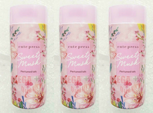 3 x CUTE PRESS SWEET MUSK PERFUMED TALC TALCUM FRAGRANCE BODY POWDER 100G.