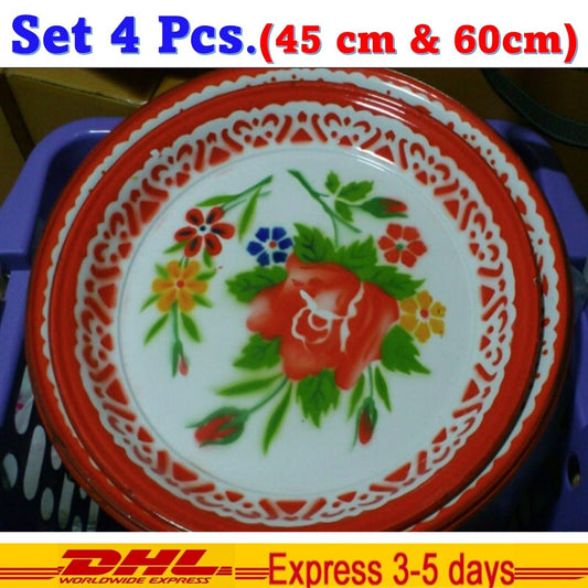4x 45 cm 60 cm Enamel Thai Big Tray Dish Plate Serving Enamelware Round Floral