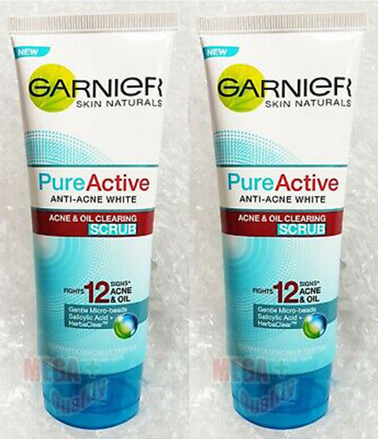2x Garnier Skin Naturals Pure Active ANTI-ACNE WHITE OIL CLEARING SCRUB 100ml