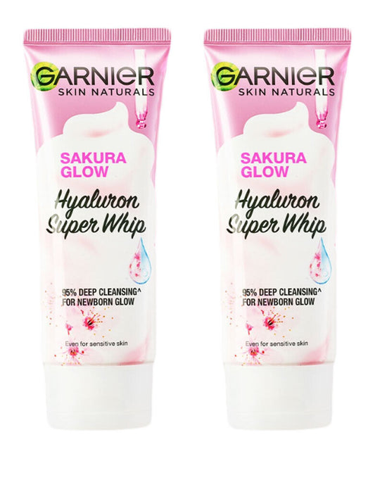 2 X 100ml. Garnier Skin Naturals Sakura Glow Hyaluron Super Whip Deep Cleansing