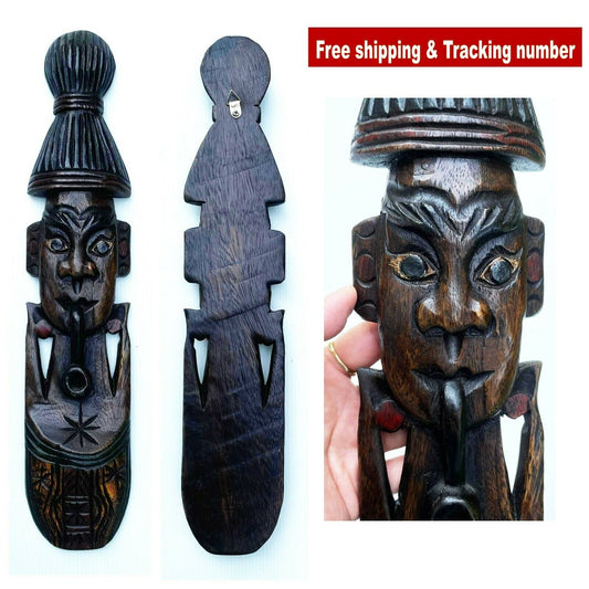 Wood Mask Wall Tribal Face Tiki Bar Smoking Cigar Pipe Hand Carve Paint Wooden