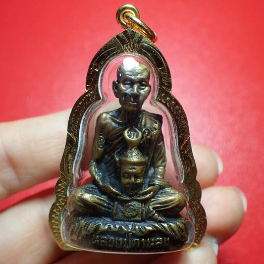 Phra LP Kalong Statue Lersi Head Pendant Gold Micron Talisman Thai Buddha Amulet