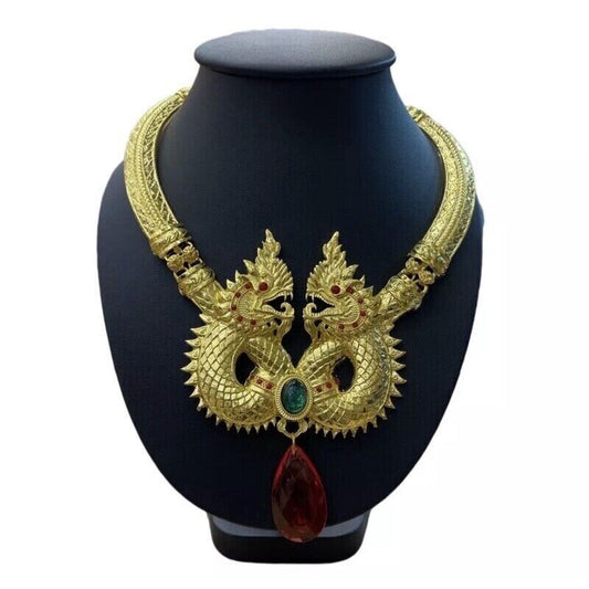 Naga Necklace Gold Plated Vintage Pendant Dragon Jewelry Thai Buddha Amulet