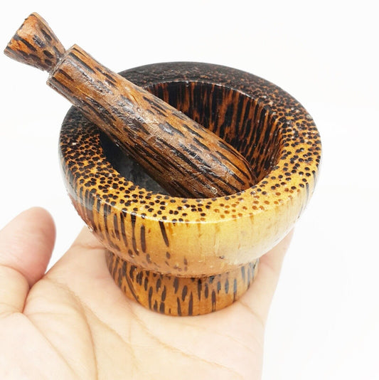 Mortar & Pestle Small Set Wood Handle Thai Handcraft Primitive Vintage Mini (3")