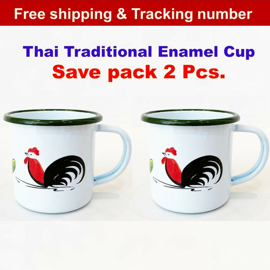 2x Enamelware Thai Traditional Cup Mug Vintage Coffee Chicken Pattern Camping
