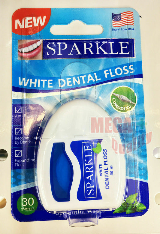SPARKLE White Dental Floss Spearmint Expanding Silk Waxed Anti Plaque 30 m.