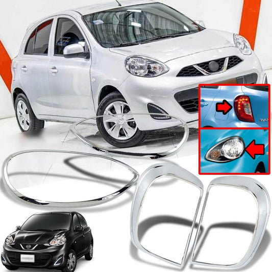 Set Head Tail Lamp Cover For Nissan Micra March K13 2014-2018 Chrome Trim
