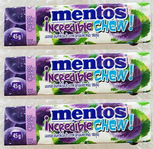 3 x Mentos Incredible Chew Candy Chewy Fruity Bouncy - GRAPE Flavour 45g.